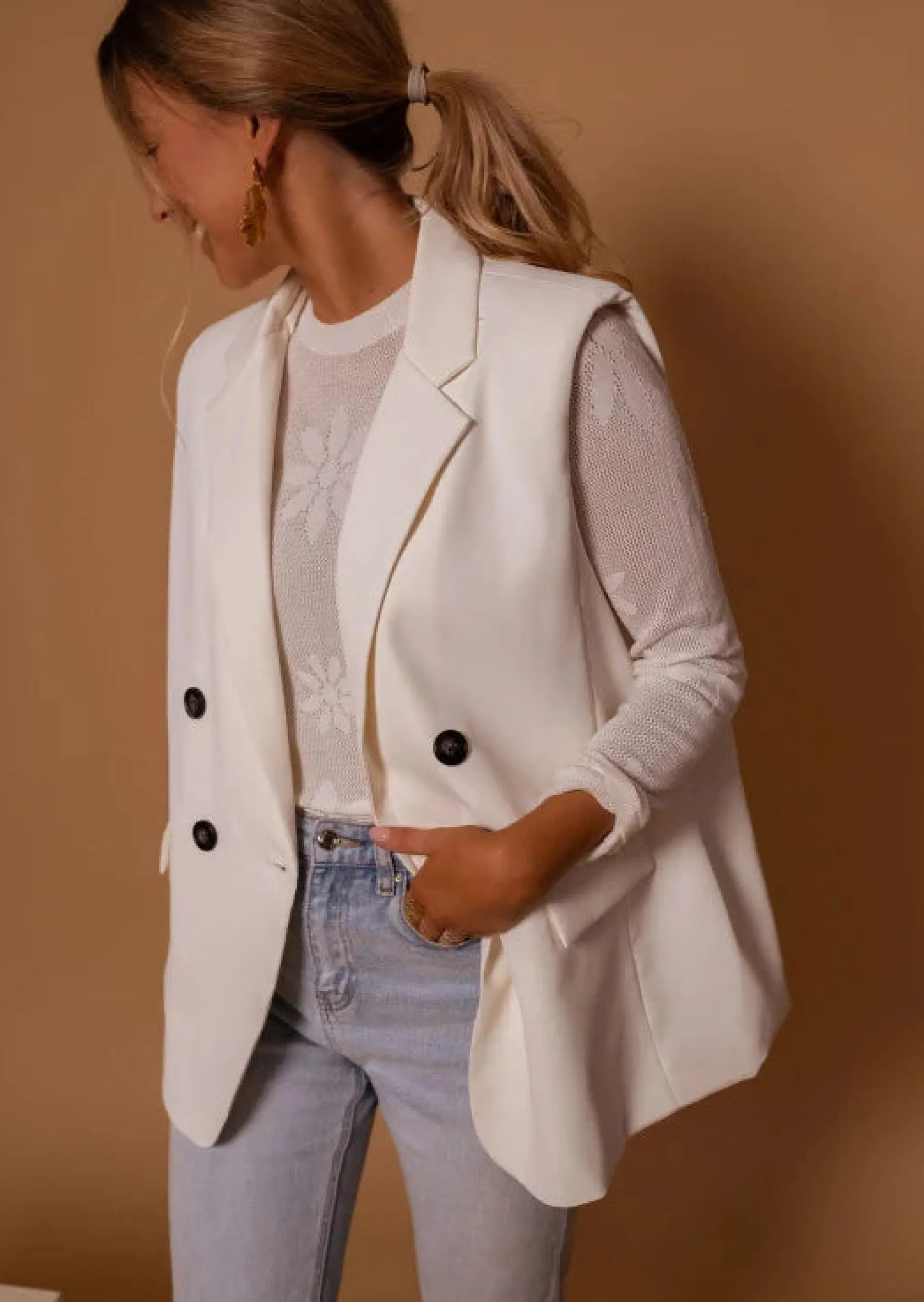 Blazers-EASY-CLOTHES Blazer Écru | Oana | Épaulettes | Easy Clothes Écru