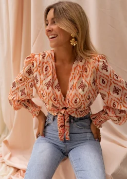 Chemisiers & Blouses-EASY-CLOTHES Blouse à Motifs Juliana | Orange & Brune | Vêtements Femme | Été 2023Easy Clothes Orange et brune à motifs
