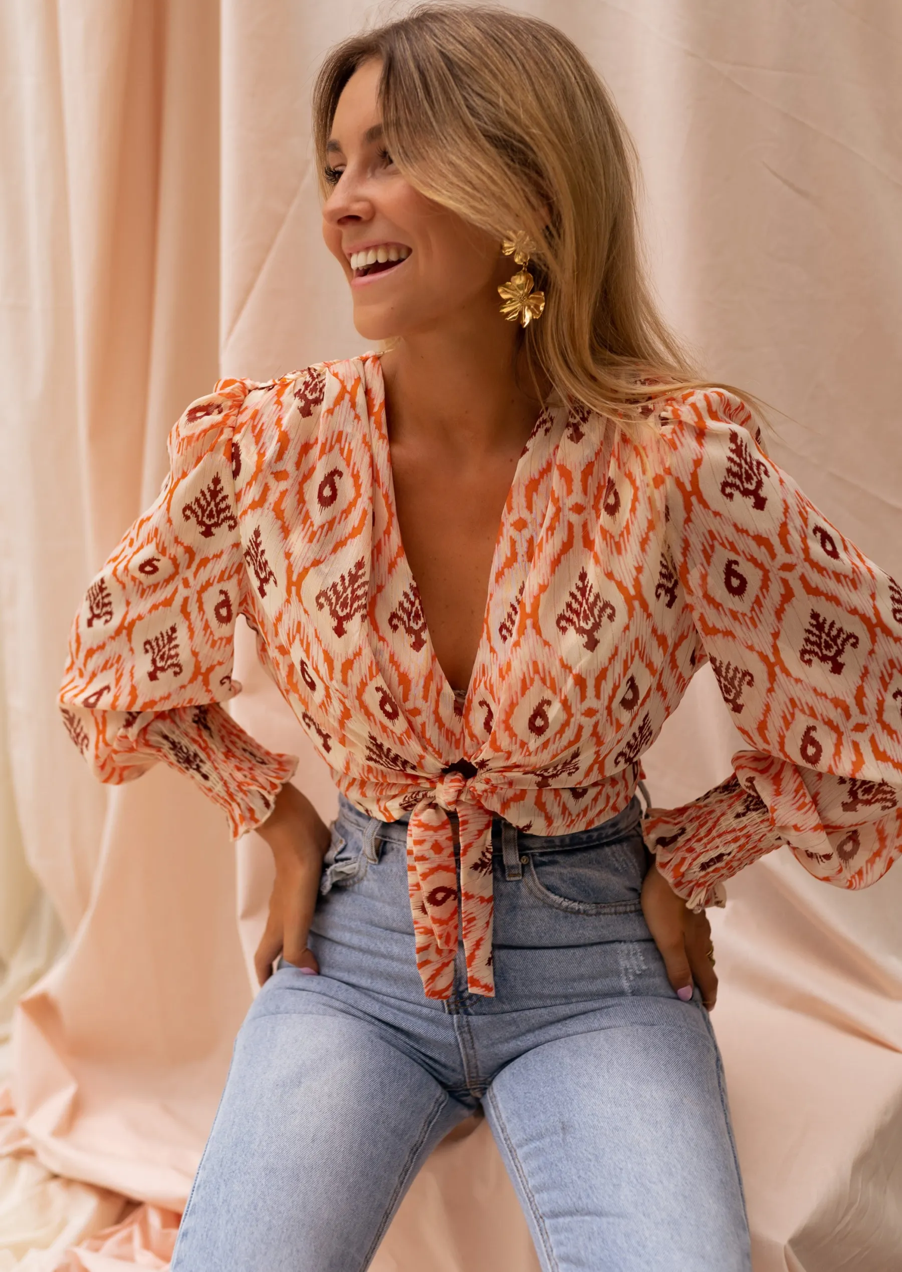 Chemisiers & Blouses-EASY-CLOTHES Blouse à Motifs Juliana | Orange & Brune | Vêtements Femme | Été 2023Easy Clothes Orange et brune à motifs