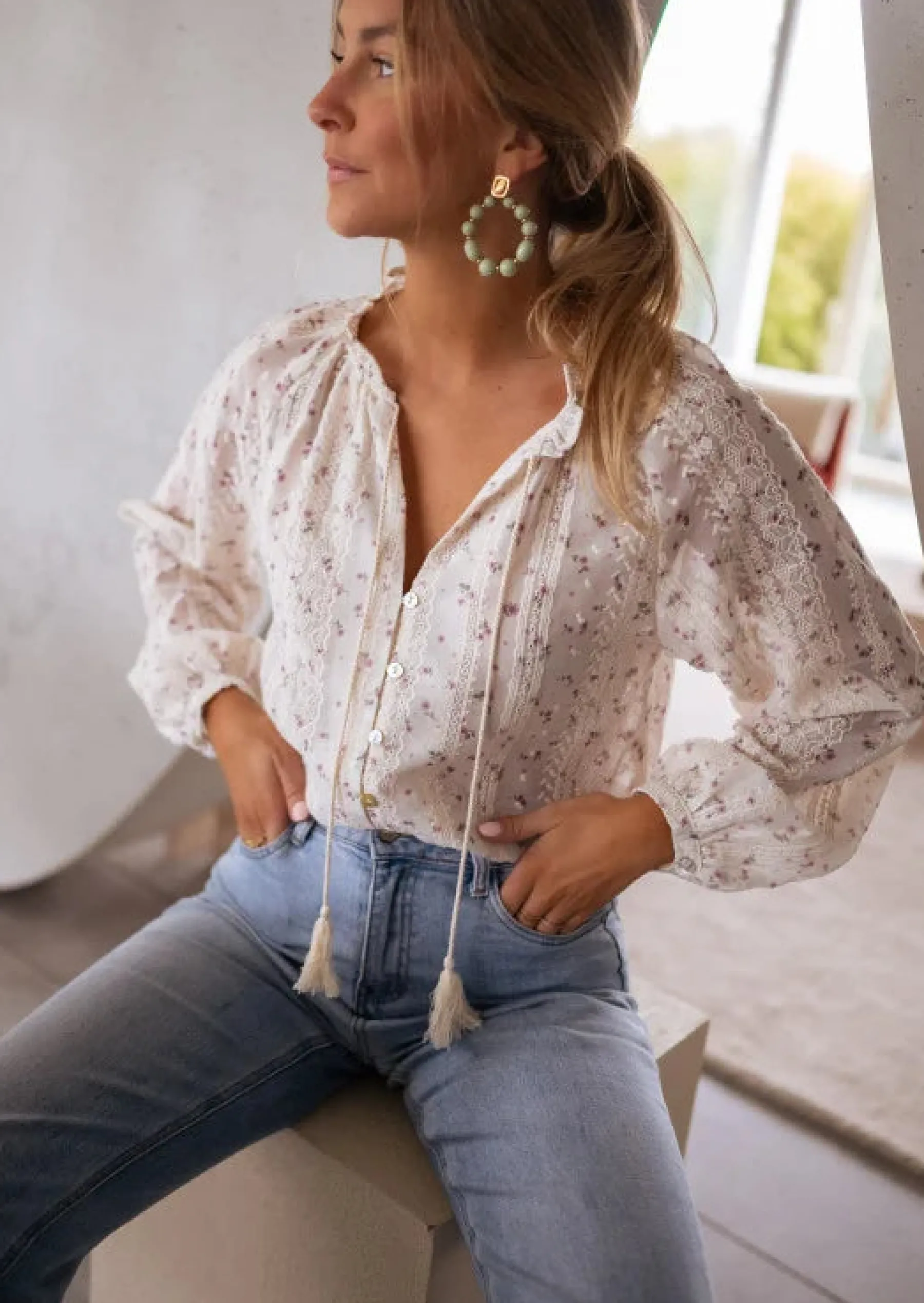 Chemisiers & Blouses-EASY-CLOTHES Blouse Aiden | Écrue & Fleurie | Easy Clothes Écrue à motifs