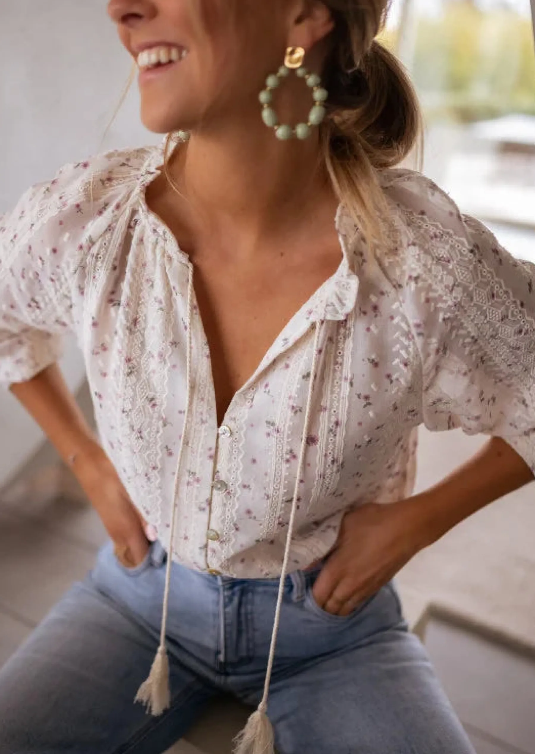 Chemisiers & Blouses-EASY-CLOTHES Blouse Aiden | Écrue & Fleurie | Easy Clothes Écrue à motifs