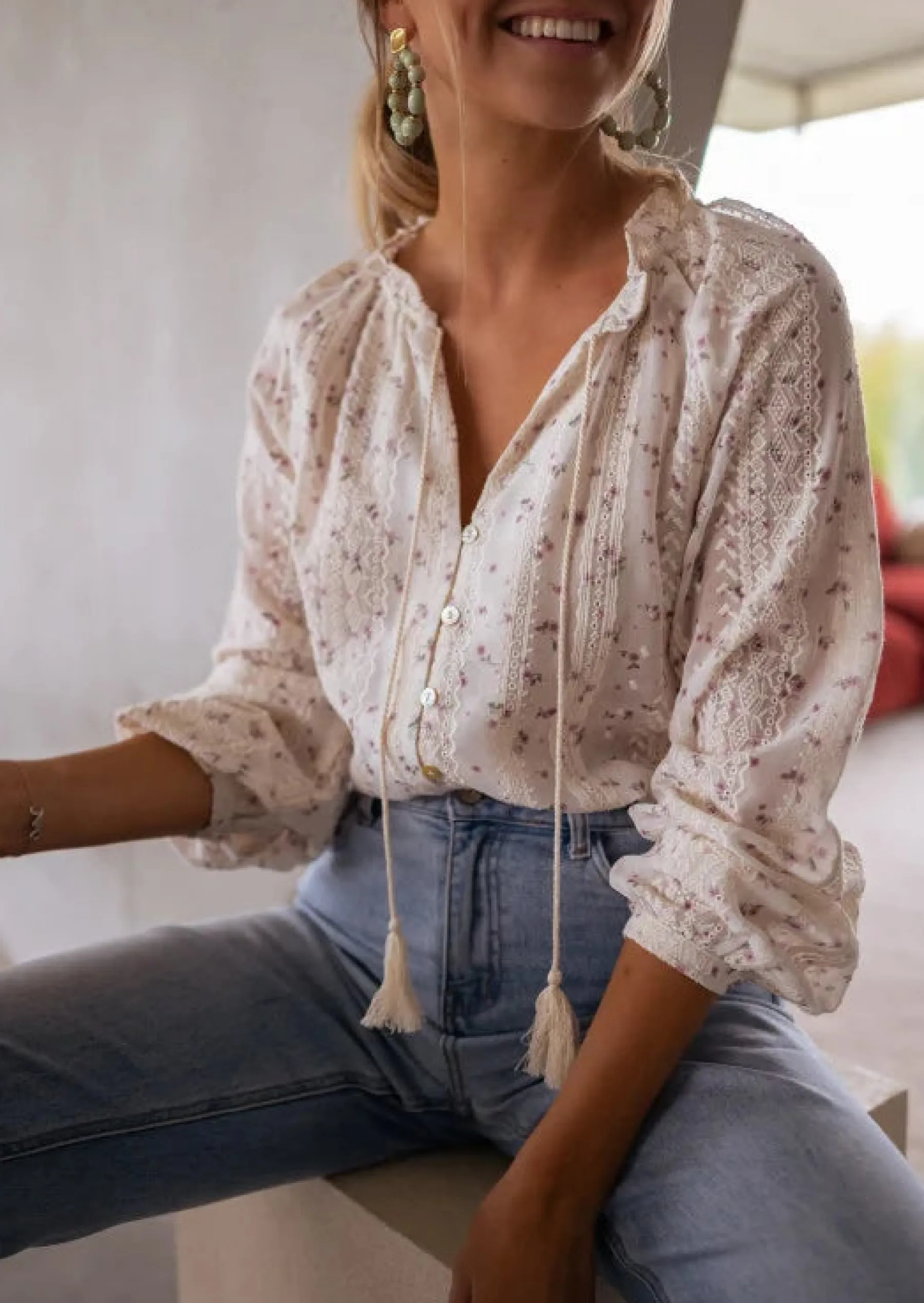 Chemisiers & Blouses-EASY-CLOTHES Blouse Aiden | Écrue & Fleurie | Easy Clothes Écrue à motifs