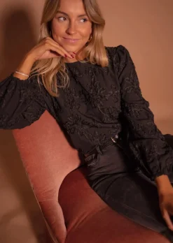 Chemisiers & Blouses-EASY-CLOTHES Blouse Amina Noire - Empiècement - Col RondEasy Clothes Noire       