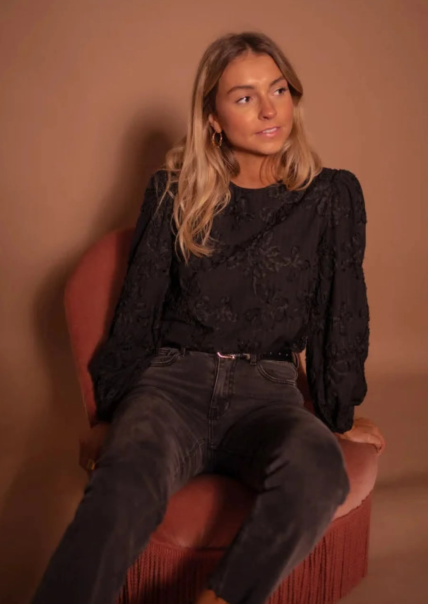 Chemisiers & Blouses-EASY-CLOTHES Blouse Amina Noire - Empiècement - Col RondEasy Clothes Noire