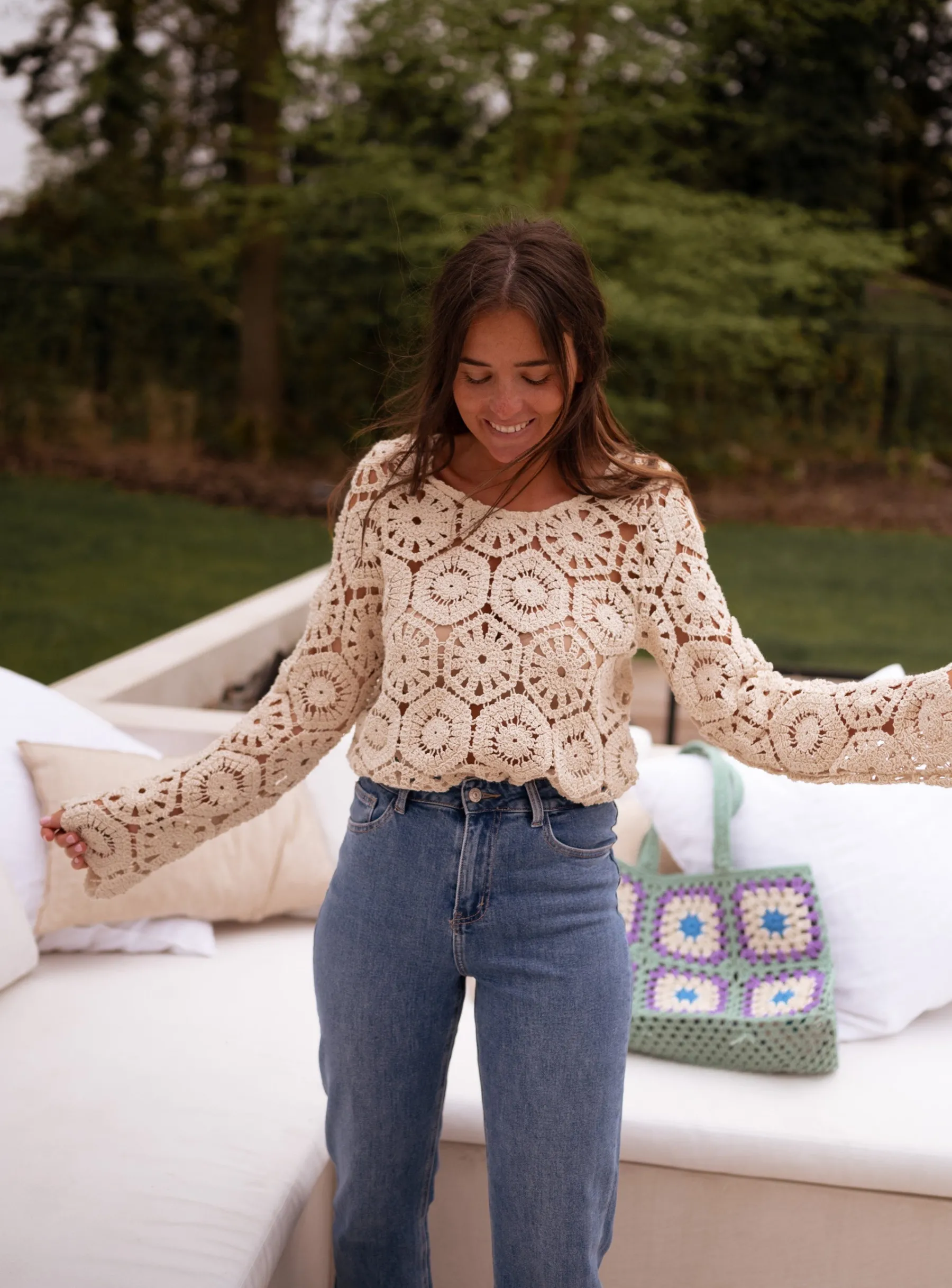 Chemisiers & Blouses-EASY-CLOTHES Blouse Analy beige | Blouse effet macramé | Prêt-à-porter en ligne | Easy Clothes Beige