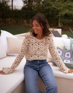 Chemisiers & Blouses-EASY-CLOTHES Blouse Analy beige | Blouse effet macramé | Prêt-à-porter en ligne | Easy Clothes Beige