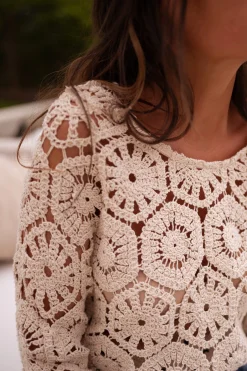 Chemisiers & Blouses-EASY-CLOTHES Blouse Analy beige | Blouse effet macramé | Prêt-à-porter en ligne | Easy Clothes Beige