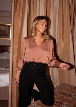 Chemisiers & Blouses-EASY-CLOTHES Blouse Angele - Camel - Tissu Satiné - Made in FranceEasy Clothes Camel