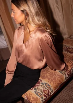 Chemisiers & Blouses-EASY-CLOTHES Blouse Angele - Camel - Tissu Satiné - Made in FranceEasy Clothes Camel       