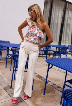 Chemisiers & Blouses-EASY-CLOTHES Blouse Astry beige à fleurs | Blouse à volants | Prêt-à-porter en ligne | Easy Clothes Beige à fleurs       