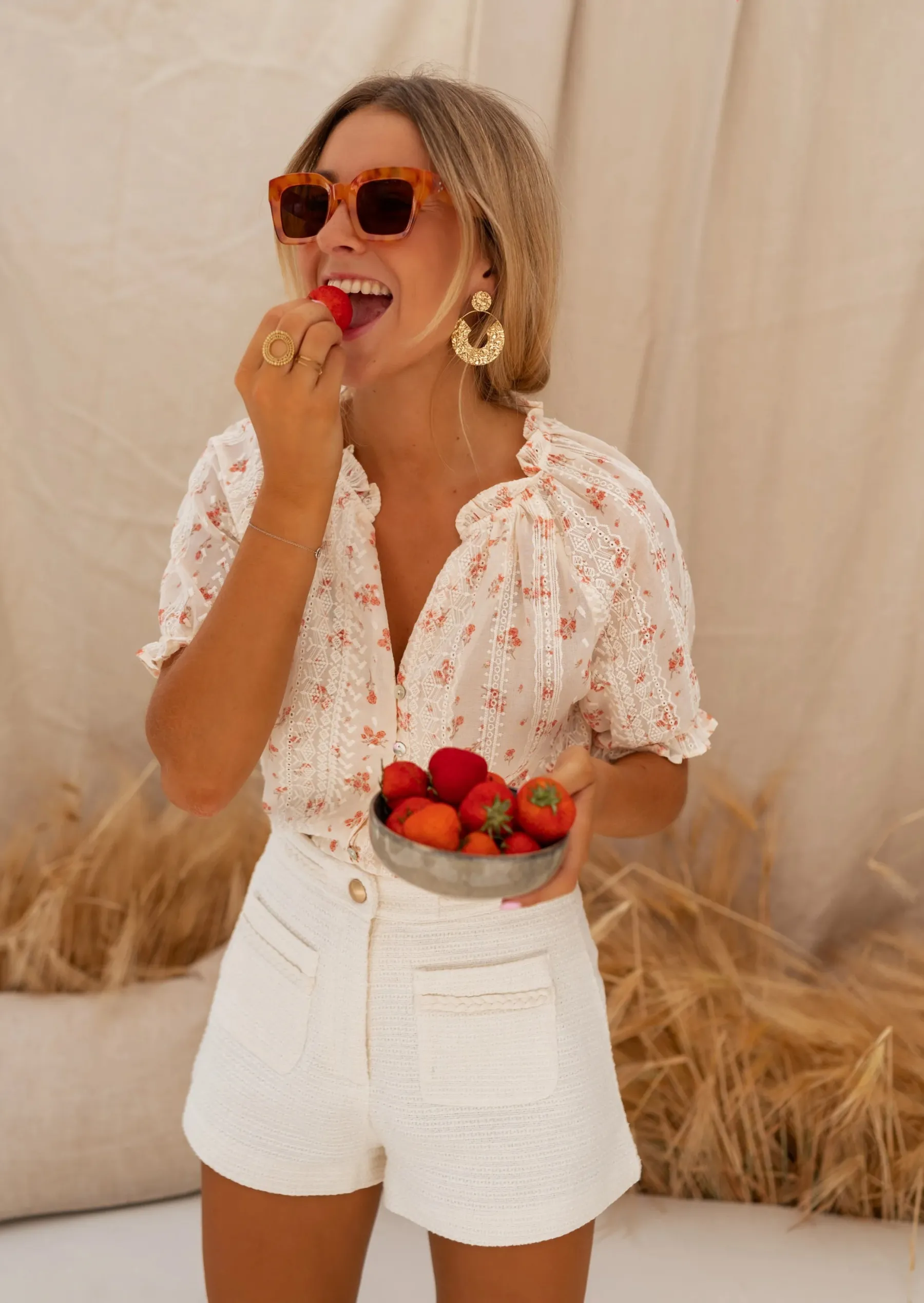 Chemisiers & Blouses-EASY-CLOTHES Blouse Carine Écrue - Broderie - Motifs Couleur PêcheEasy Clothes Écrue en broderie
