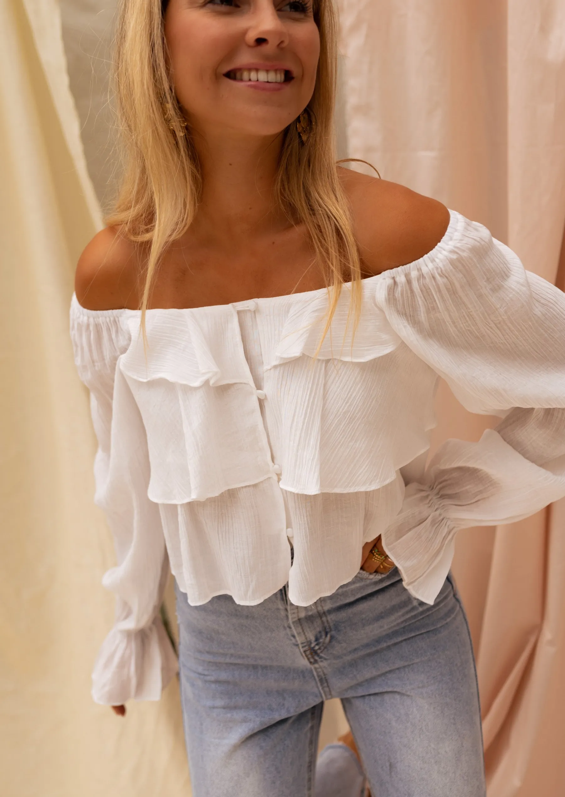 Chemisiers & Blouses-EASY-CLOTHES Blouse Écrue à Volants - Clam - Vêtements FemmeEasy Clothes Écrue