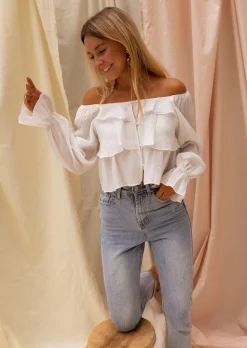 Chemisiers & Blouses-EASY-CLOTHES Blouse Écrue à Volants - Clam - Vêtements FemmeEasy Clothes Écrue
