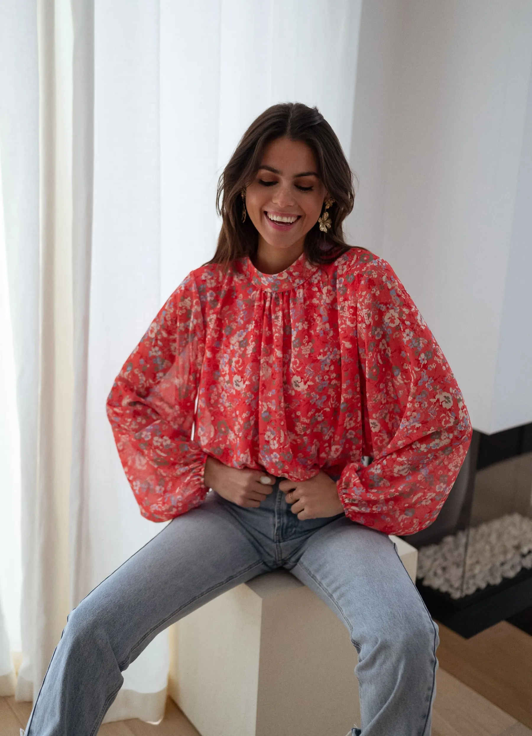 Chemisiers & Blouses-EASY-CLOTHES Blouse Doma - corail à fleursEasy Clothes Corail à fleurs