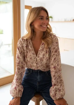 Chemisiers & Blouses-EASY-CLOTHES Blouse Lane Beige - À Motifs - Col VEasy Clothes Beige       