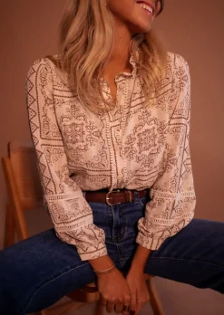 Chemisiers & Blouses-EASY-CLOTHES Blouse Leya - Écrue & Brune - Manches BallonsEasy Clothes Écrue et brune       