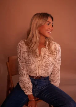 Chemisiers & Blouses-EASY-CLOTHES Blouse Leya - Écrue & Brune - Manches BallonsEasy Clothes Écrue et brune       
