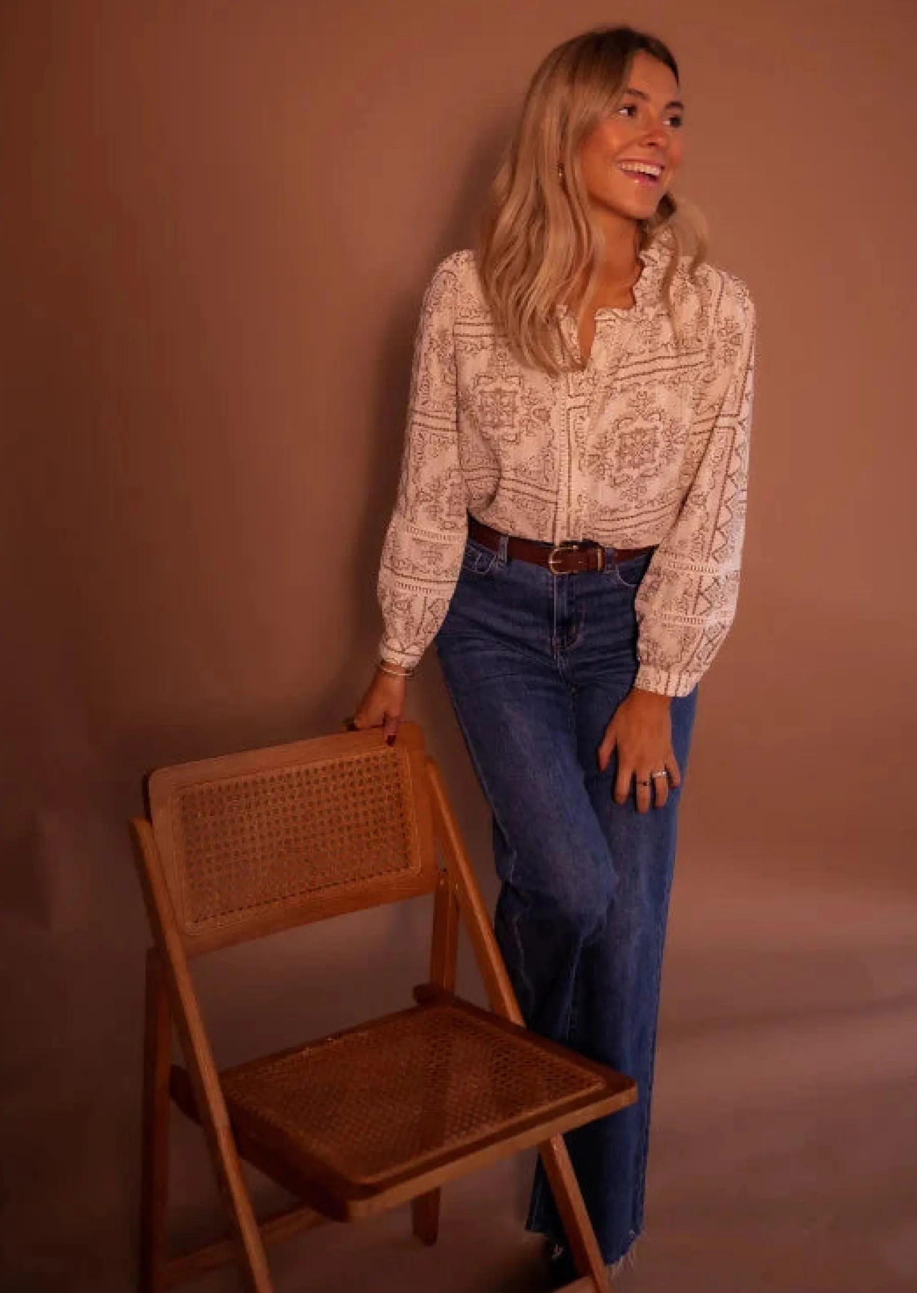 Chemisiers & Blouses-EASY-CLOTHES Blouse Leya - Écrue & Brune - Manches BallonsEasy Clothes Écrue et brune