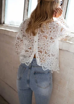 Chemisiers & Blouses-EASY-CLOTHES Blouse Manuela écrue en dentelle | Blouse droite ajourée | Prêt-à-porter en ligne | Easy Clothes Écrue en dentelle