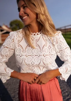 Chemisiers & Blouses-EASY-CLOTHES Blouse Marissa - Broderie - Manches 3/4 - Col MontantEasy Clothes