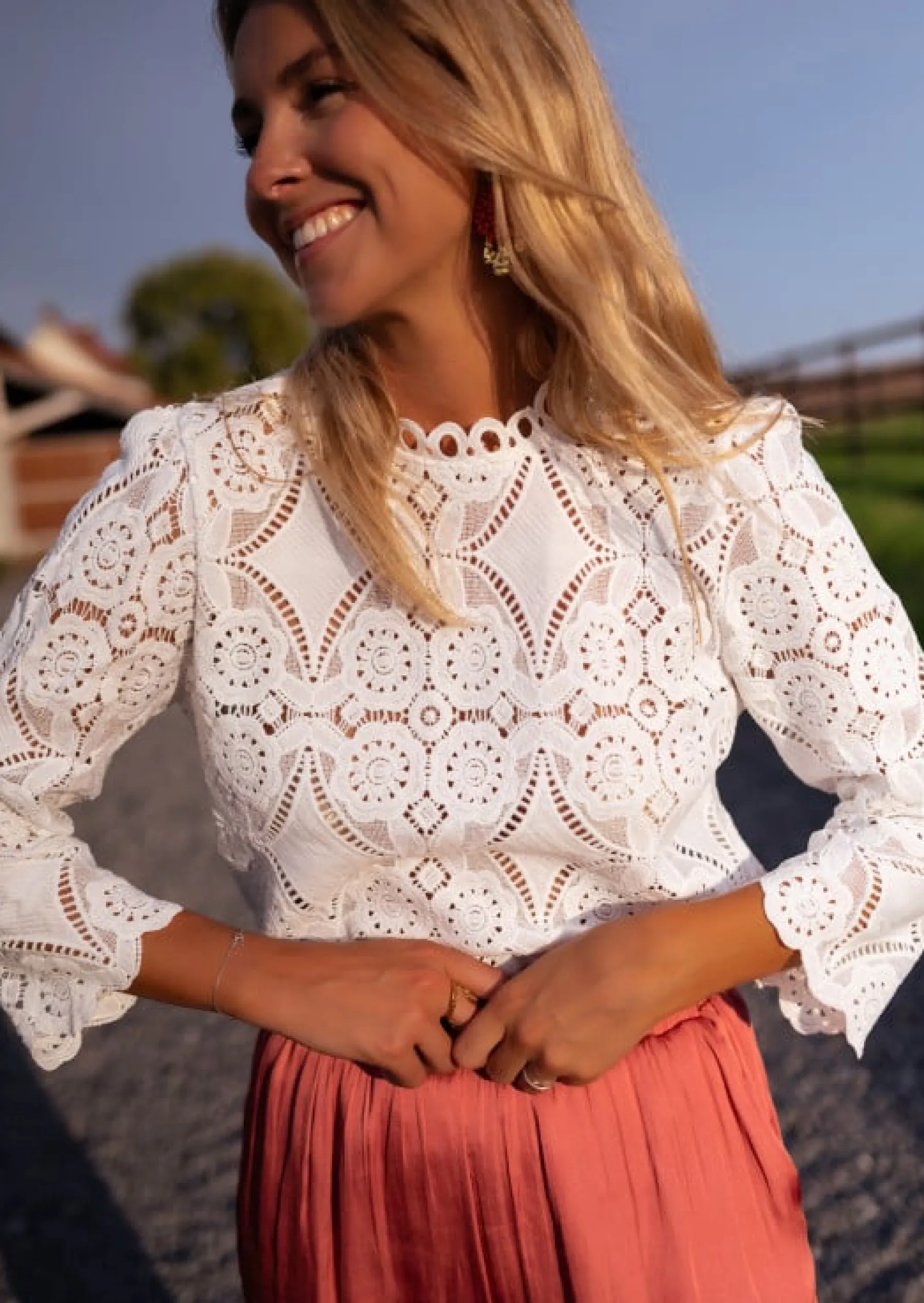 Chemisiers & Blouses-EASY-CLOTHES Blouse Marissa - Broderie - Manches 3/4 - Col MontantEasy Clothes