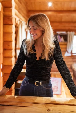 Chemisiers & Blouses-EASY-CLOTHES Blouse Noire - Leslie - Dentelle - Col VEasy Clothes Noire à dentelle