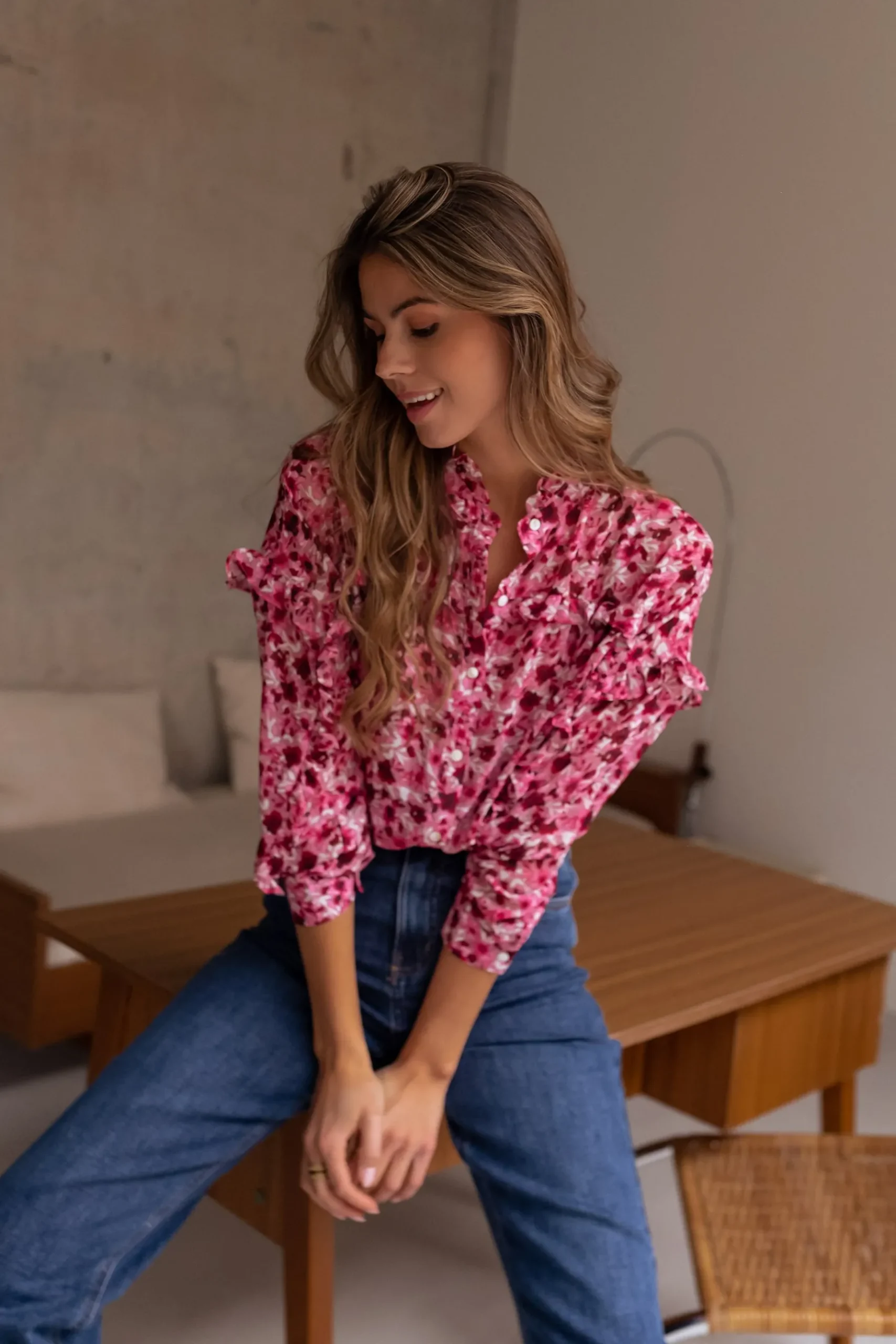 Chemisiers & Blouses-EASY-CLOTHES Blouse Ogda - rose à fleursEasy Clothes Rose à fleurs