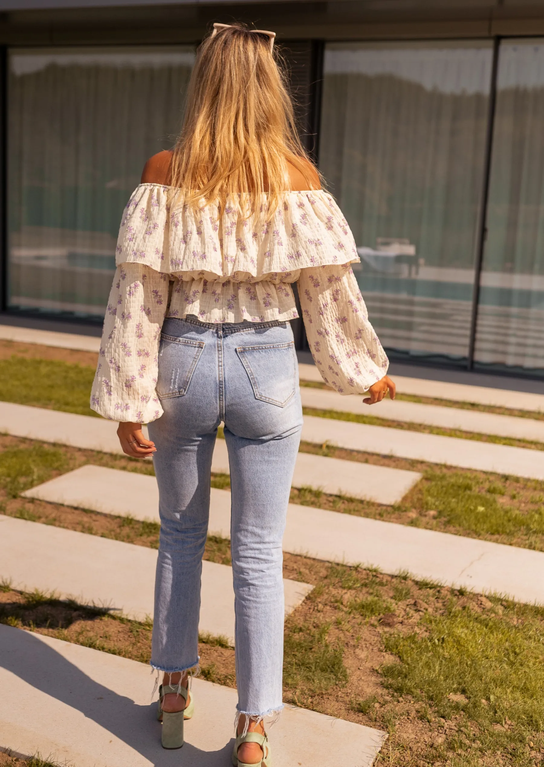 Chemisiers & Blouses-EASY-CLOTHES Blouse Paola beige et mauve à fleurs | Blouse col bardot | Prêt-à-porter en ligne | Easy Clothes Beige et mauve à fleurs