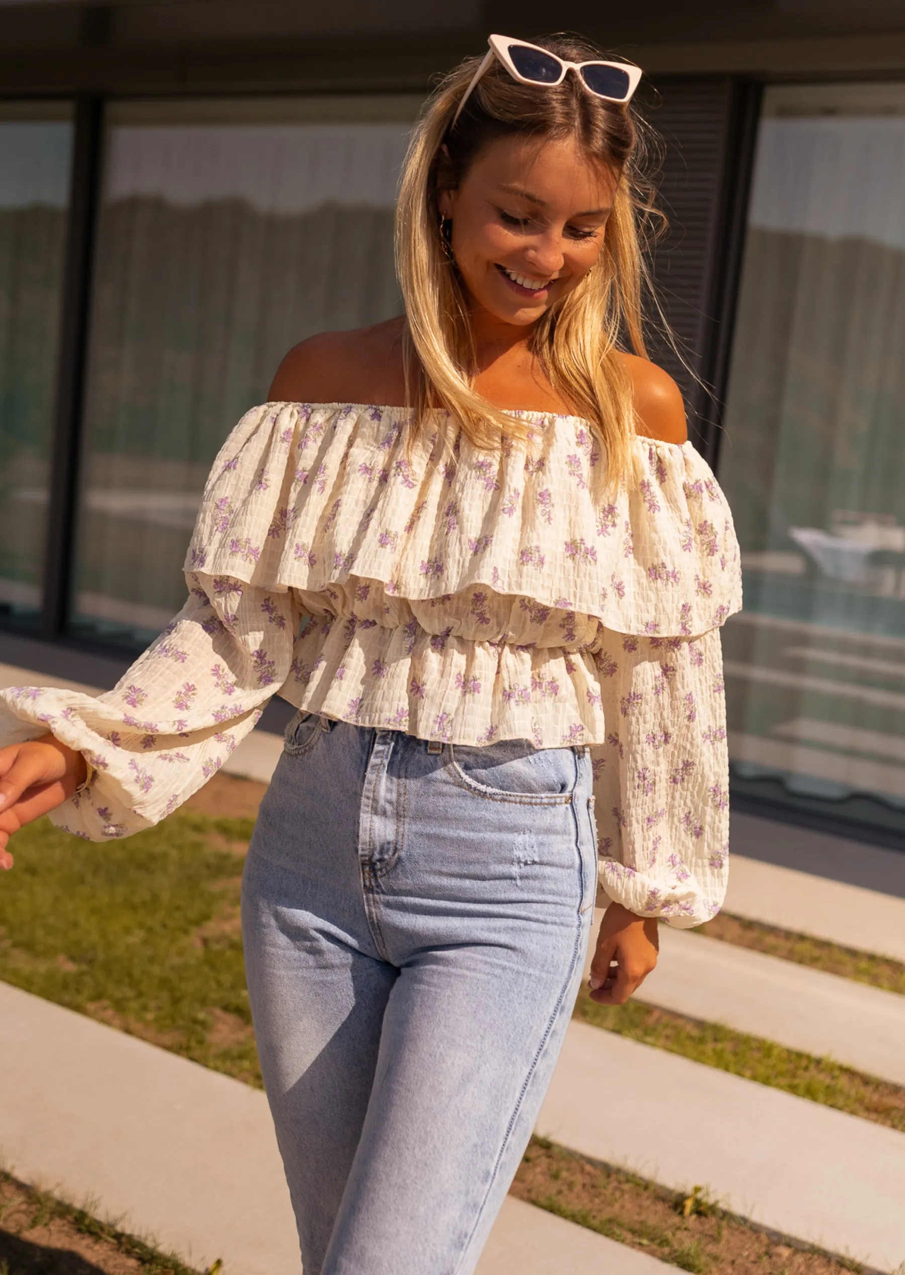 Chemisiers & Blouses-EASY-CLOTHES Blouse Paola beige et mauve à fleurs | Blouse col bardot | Prêt-à-porter en ligne | Easy Clothes Beige et mauve à fleurs