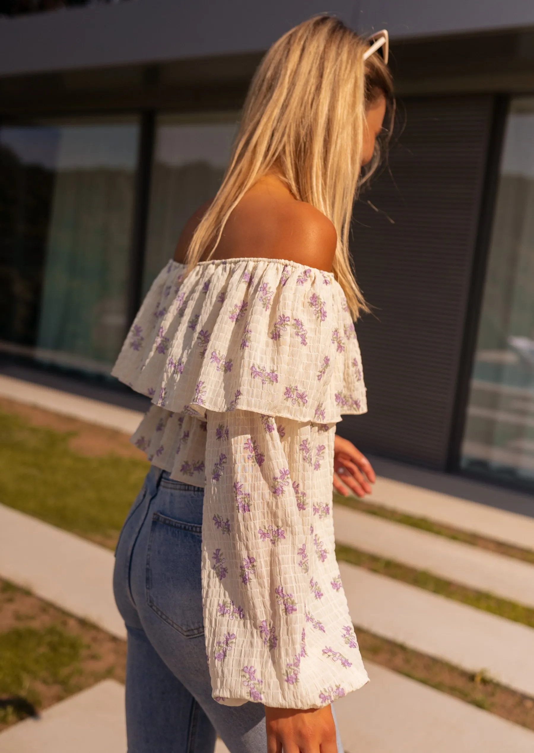 Chemisiers & Blouses-EASY-CLOTHES Blouse Paola beige et mauve à fleurs | Blouse col bardot | Prêt-à-porter en ligne | Easy Clothes Beige et mauve à fleurs