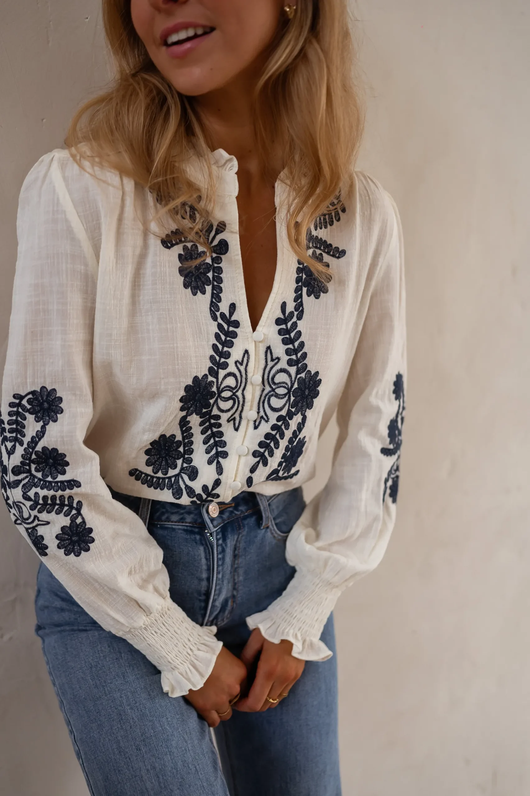 Chemisiers & Blouses-EASY-CLOTHES Blouse Salomé - Écrue & Bleue - BroderieEasy Clothes