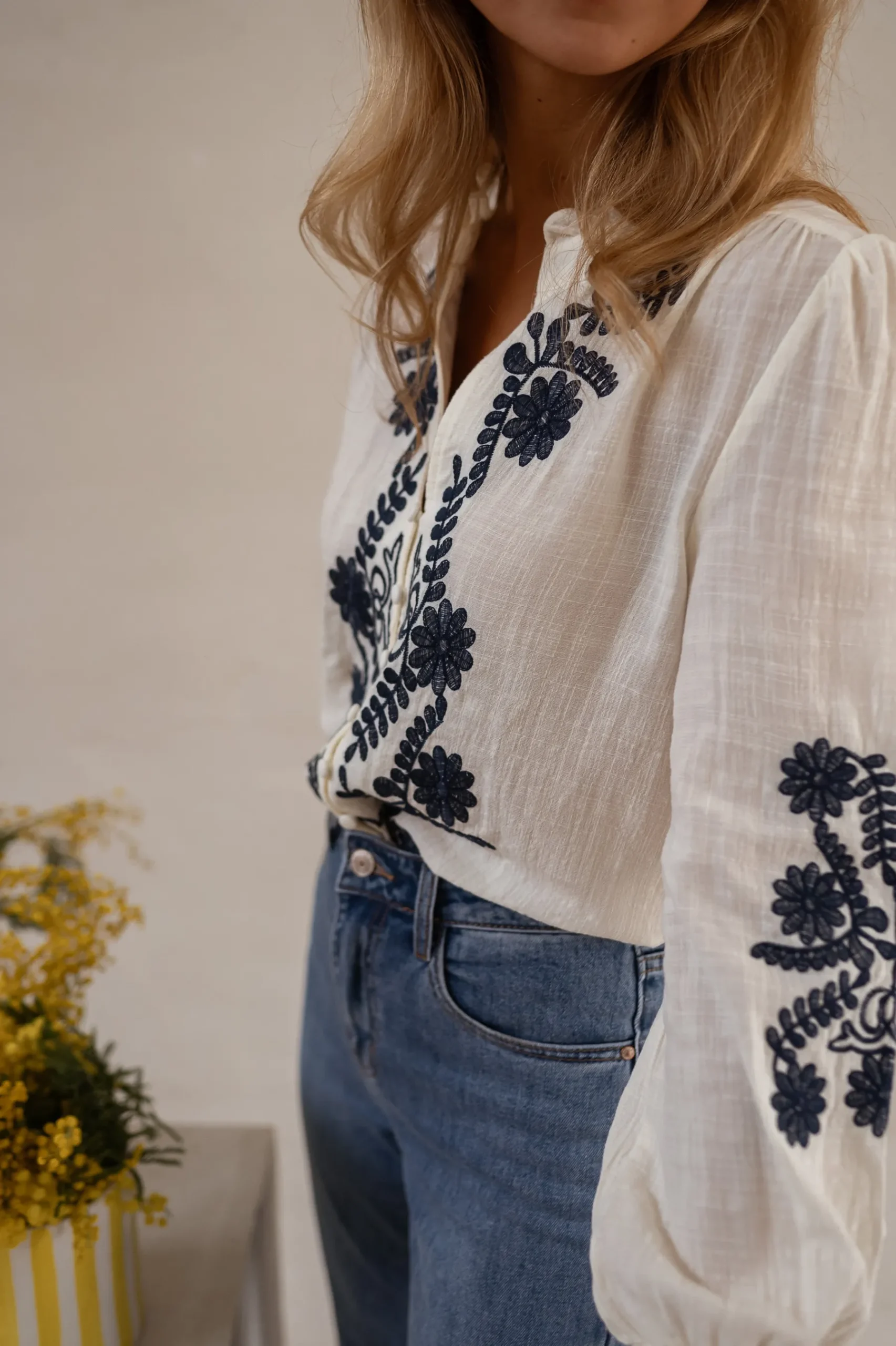 Chemisiers & Blouses-EASY-CLOTHES Blouse Salomé - Écrue & Bleue - BroderieEasy Clothes