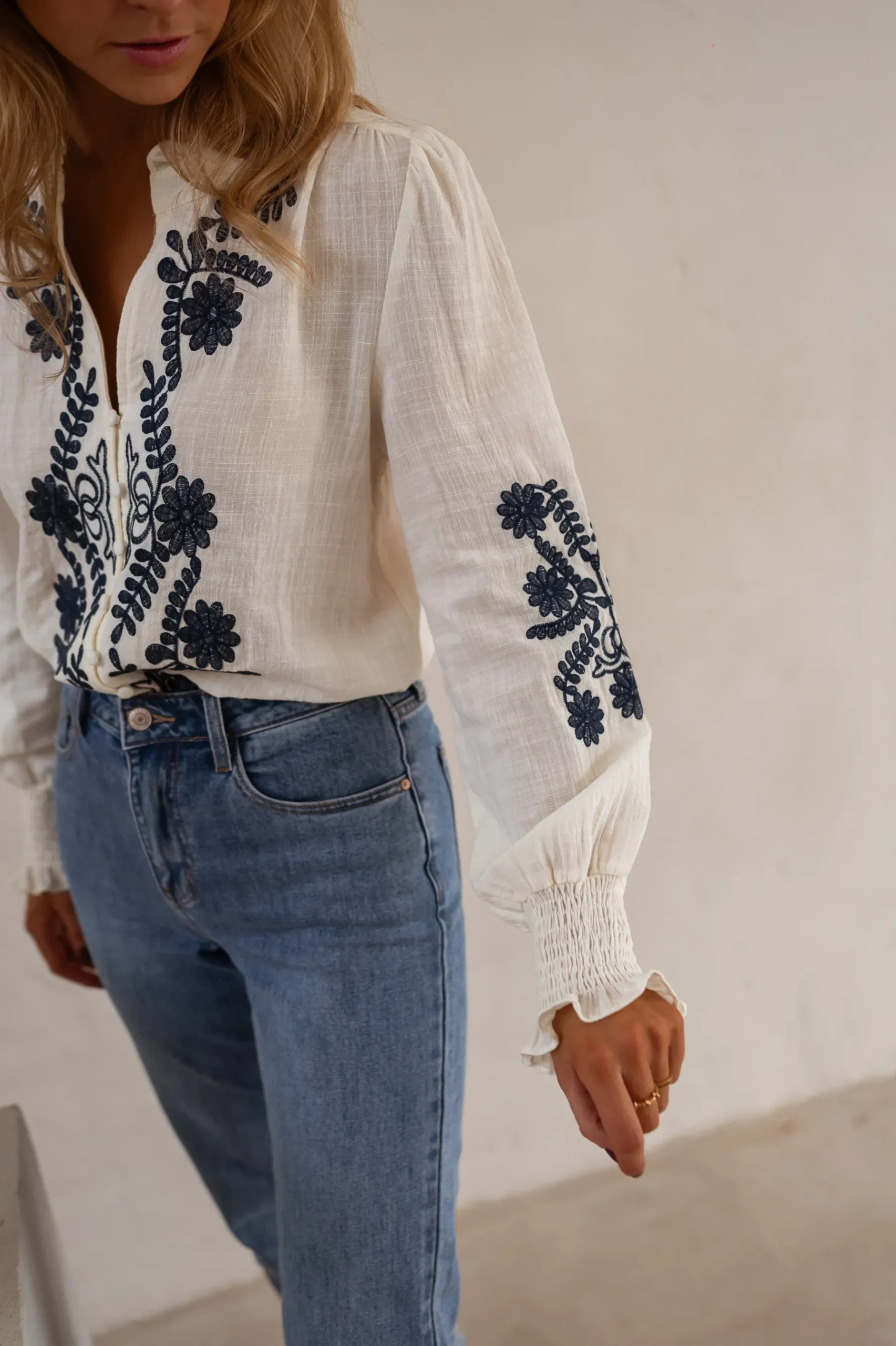Chemisiers & Blouses-EASY-CLOTHES Blouse Salomé - Écrue & Bleue - BroderieEasy Clothes