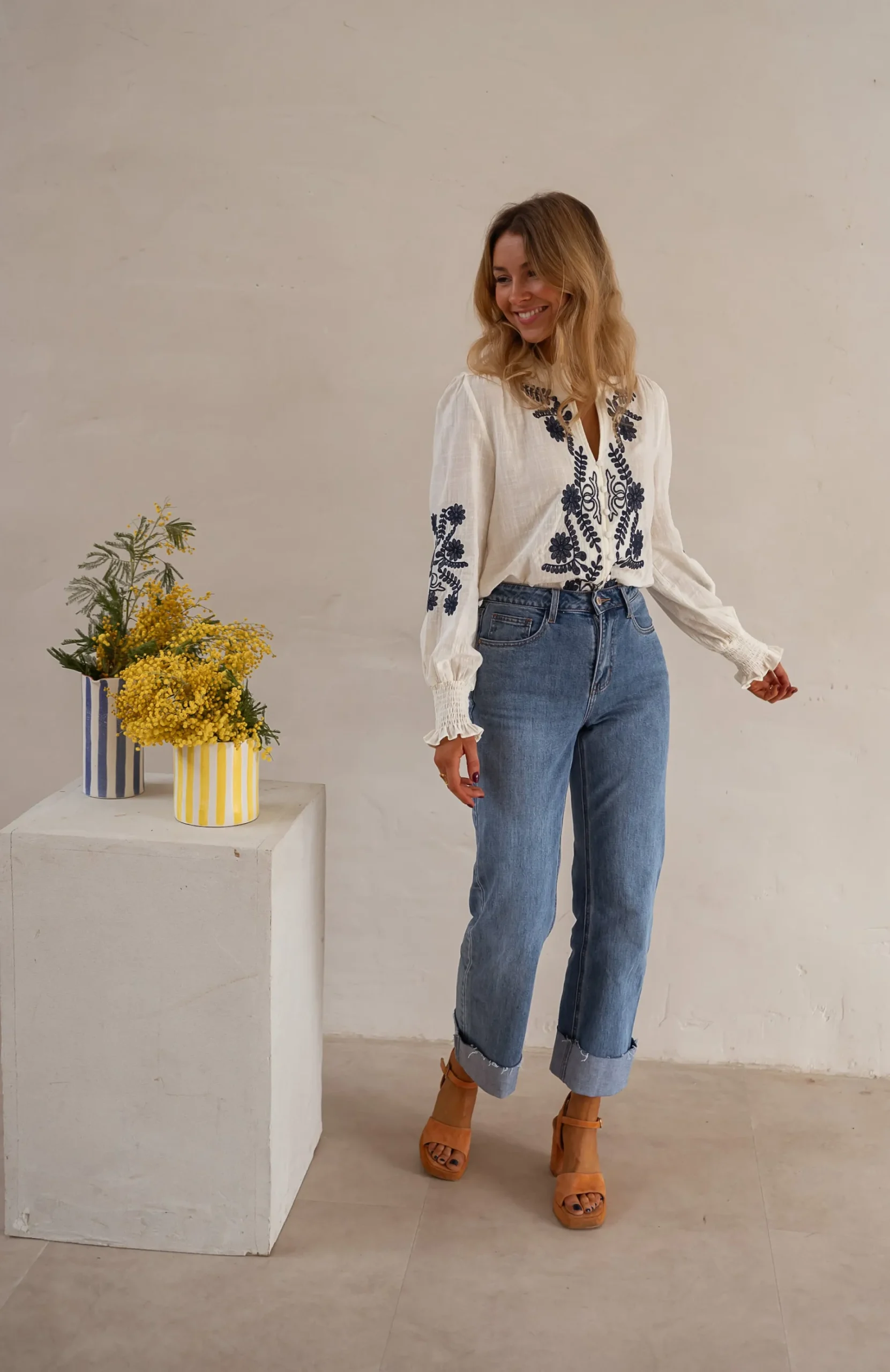 Chemisiers & Blouses-EASY-CLOTHES Blouse Salomé - Écrue & Bleue - BroderieEasy Clothes