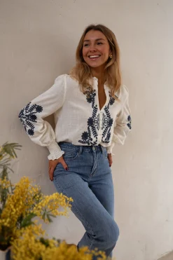 Chemisiers & Blouses-EASY-CLOTHES Blouse Salomé - Écrue & Bleue - BroderieEasy Clothes