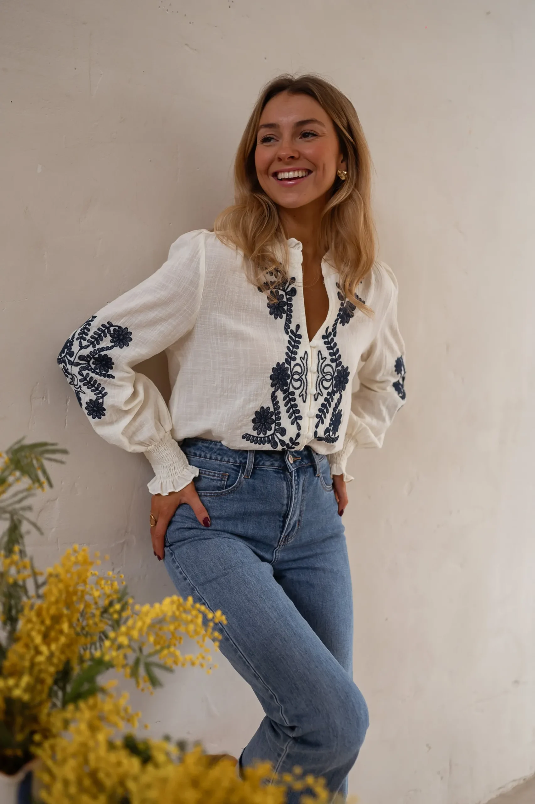 Chemisiers & Blouses-EASY-CLOTHES Blouse Salomé - Écrue & Bleue - BroderieEasy Clothes