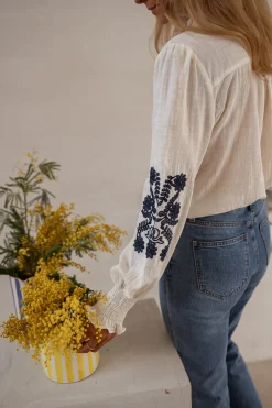 Chemisiers & Blouses-EASY-CLOTHES Blouse Salomé - Écrue & Bleue - BroderieEasy Clothes