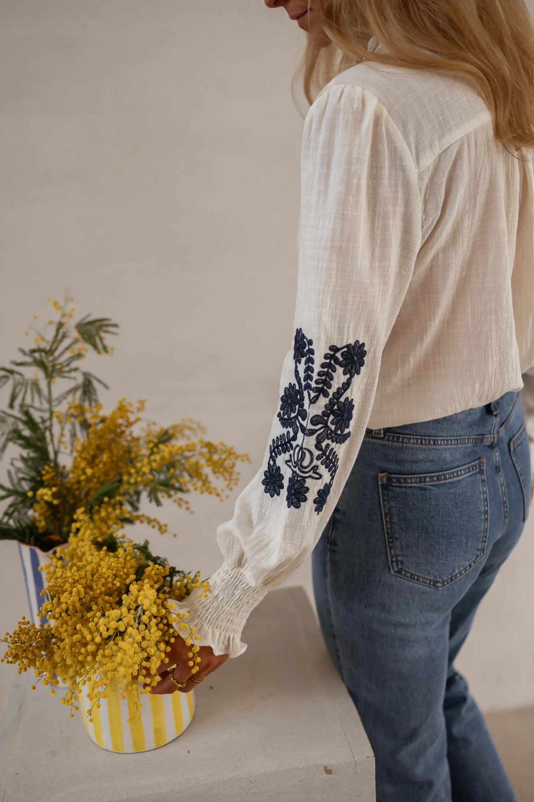 Chemisiers & Blouses-EASY-CLOTHES Blouse Salomé - Écrue & Bleue - BroderieEasy Clothes