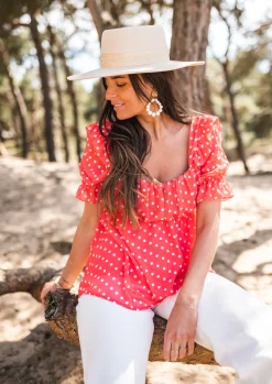 Chemisiers & Blouses-EASY-CLOTHES Blouse Syra à pois - corailEasy Clothes Corail       
