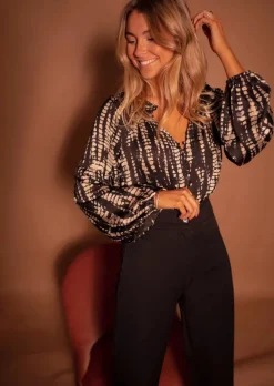 Chemisiers & Blouses-EASY-CLOTHES Blouse Thiam - Noire à Tâches Taupes - Vêtements FemmeEasy Clothes Noire à tâches taupes