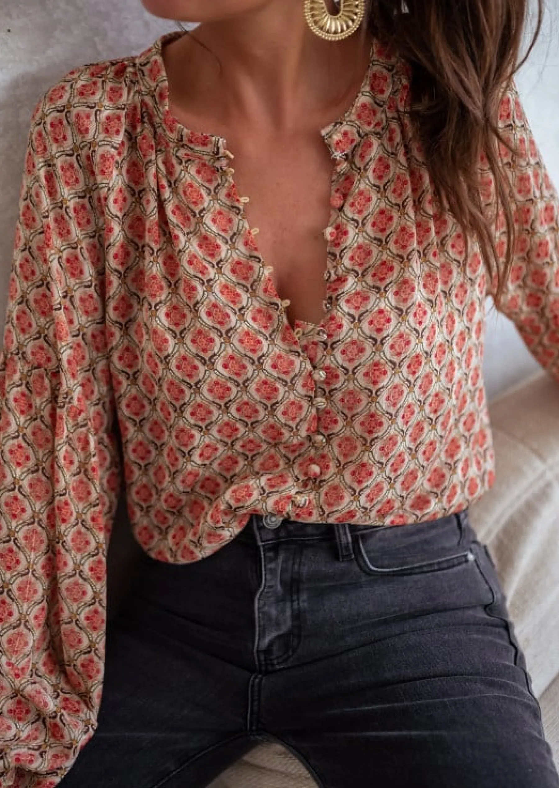 Chemisiers & Blouses-EASY-CLOTHES Blouse Tiffany - À Motifs - Manches Effet BallonEasy Clothes