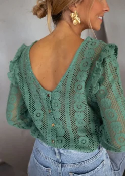 Chemisiers & Blouses-EASY-CLOTHES Blouse Verte Mencia | Avec Dentelle | Élégante & TendanceEasy Clothes Verte à dentelle       