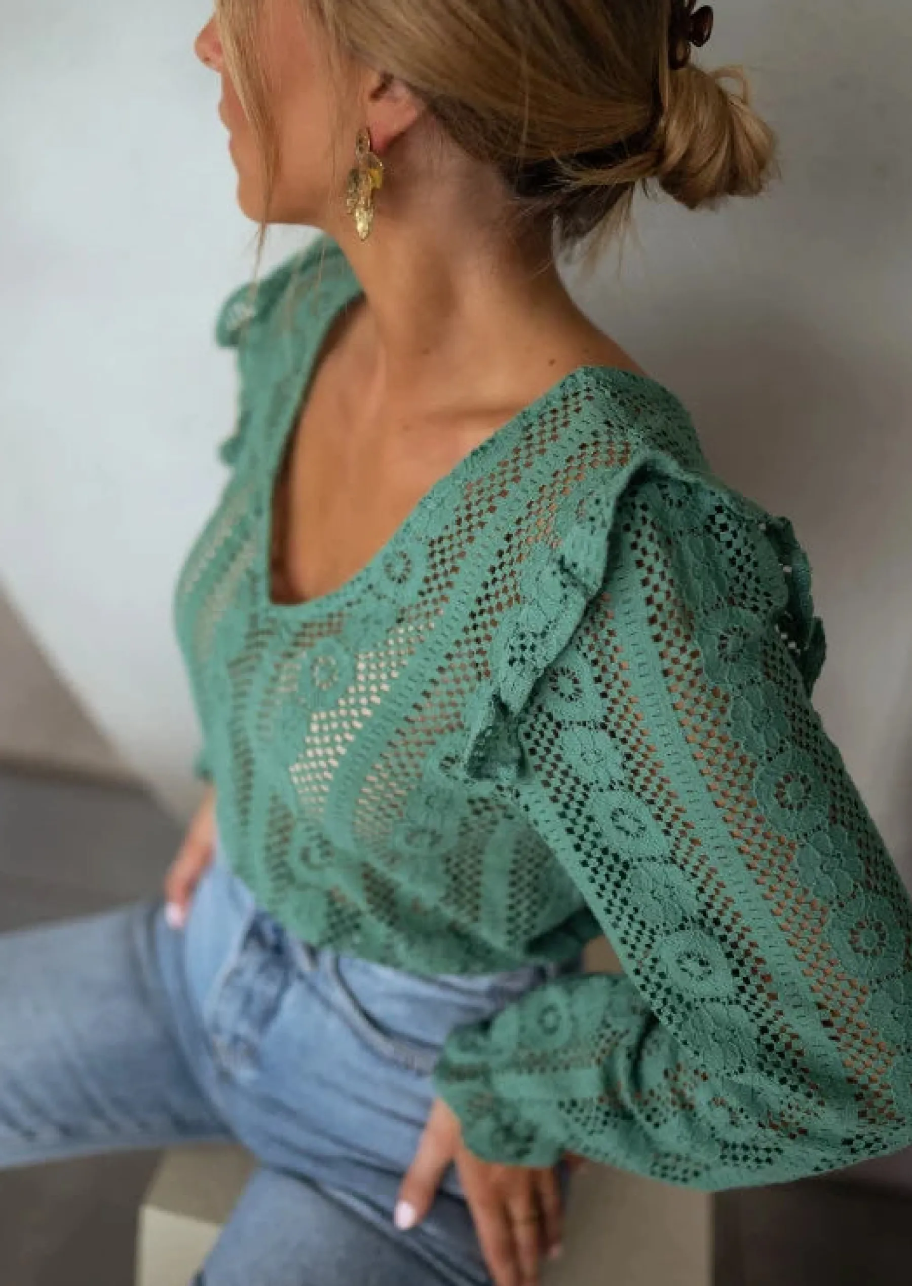 Chemisiers & Blouses-EASY-CLOTHES Blouse Verte Mencia | Avec Dentelle | Élégante & TendanceEasy Clothes Verte à dentelle