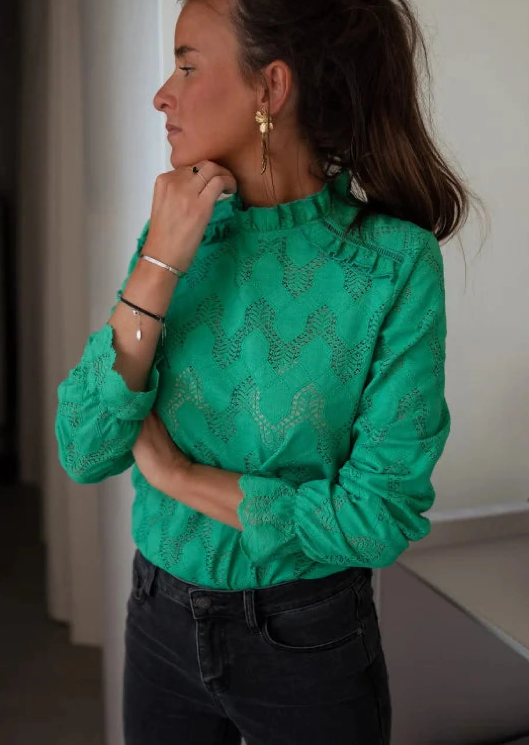 Chemisiers & Blouses-EASY-CLOTHES Blouse Walker Verte - Col Montant & Broderie - Vêtements FemmeEasy Clothes Verte