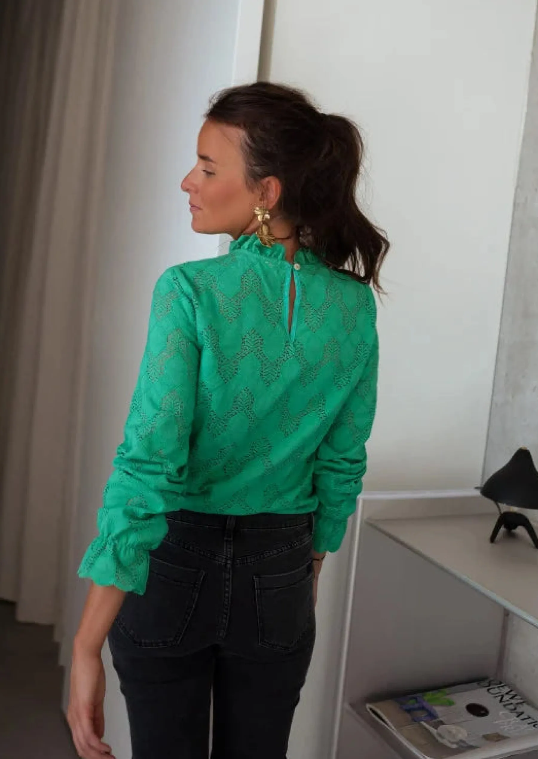 Chemisiers & Blouses-EASY-CLOTHES Blouse Walker Verte - Col Montant & Broderie - Vêtements FemmeEasy Clothes Verte