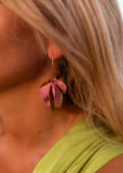Boucles d'oreilles-EASY-CLOTHES Boucles d’Oreilles Nathan - Feuilles Dorées & Vieux Rose - BijouxEasy Clothes Dorées       