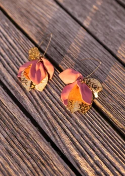 Boucles d'oreilles-EASY-CLOTHES Boucles d’Oreilles Nathan - Feuilles Dorées & Vieux Rose - BijouxEasy Clothes Dorées       