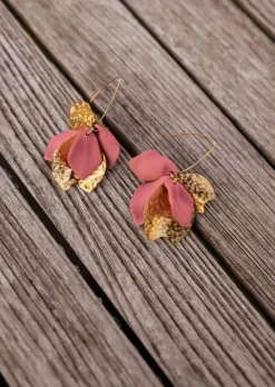 Boucles d'oreilles-EASY-CLOTHES Boucles d’Oreilles Nathan - Feuilles Dorées & Vieux Rose - BijouxEasy Clothes Dorées       