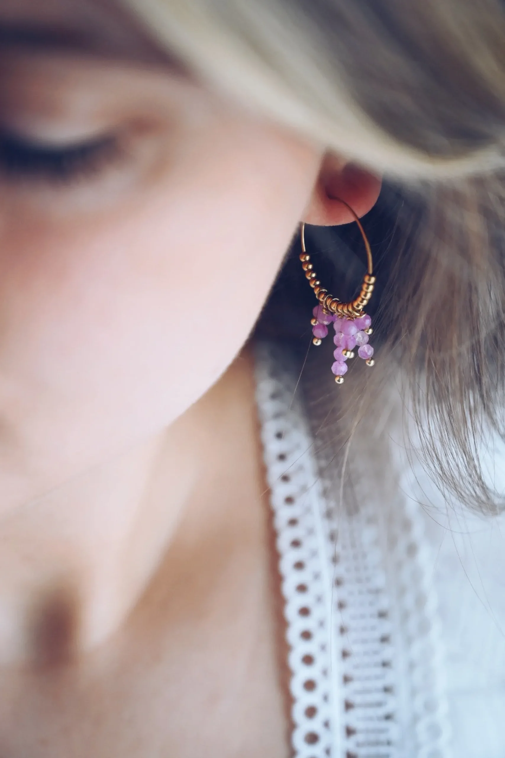 Boucles d'oreilles-EASY-CLOTHES Boucles d’oreilles Zephir - dorées à perles mauvesEasy Clothes Dorées à perles mauves