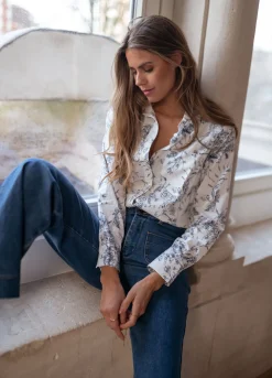 Chemisiers & Blouses-EASY-CLOTHES Chemise Aglaé - blanche à motifs bleusEasy Clothes Blanche à motifs bleus